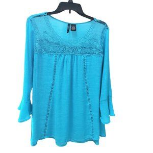 Women's New Directions Turquoise Crochet Lace Embellished Top Blouse Shirt Large